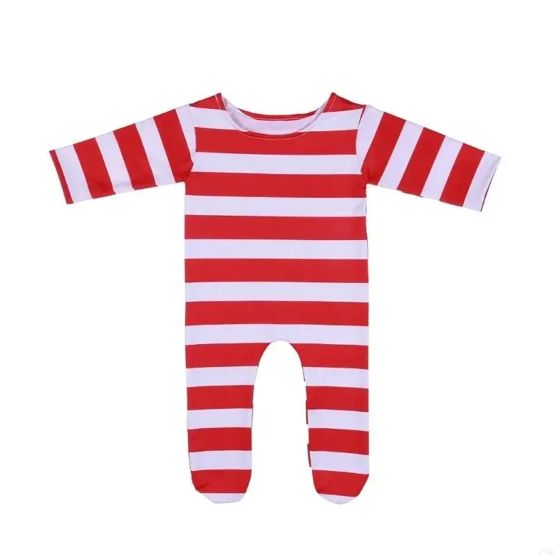 97BE Christmas Newborn Baby Photo Prop Outfit Long Sleeve Red White Stripe