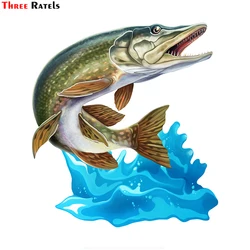 Three Ratels FC68 Cool Jumping Northern Pike Walleye 3D Fish Wall Art Stationery Sticker Decal For Car Bike Motorcycle Room