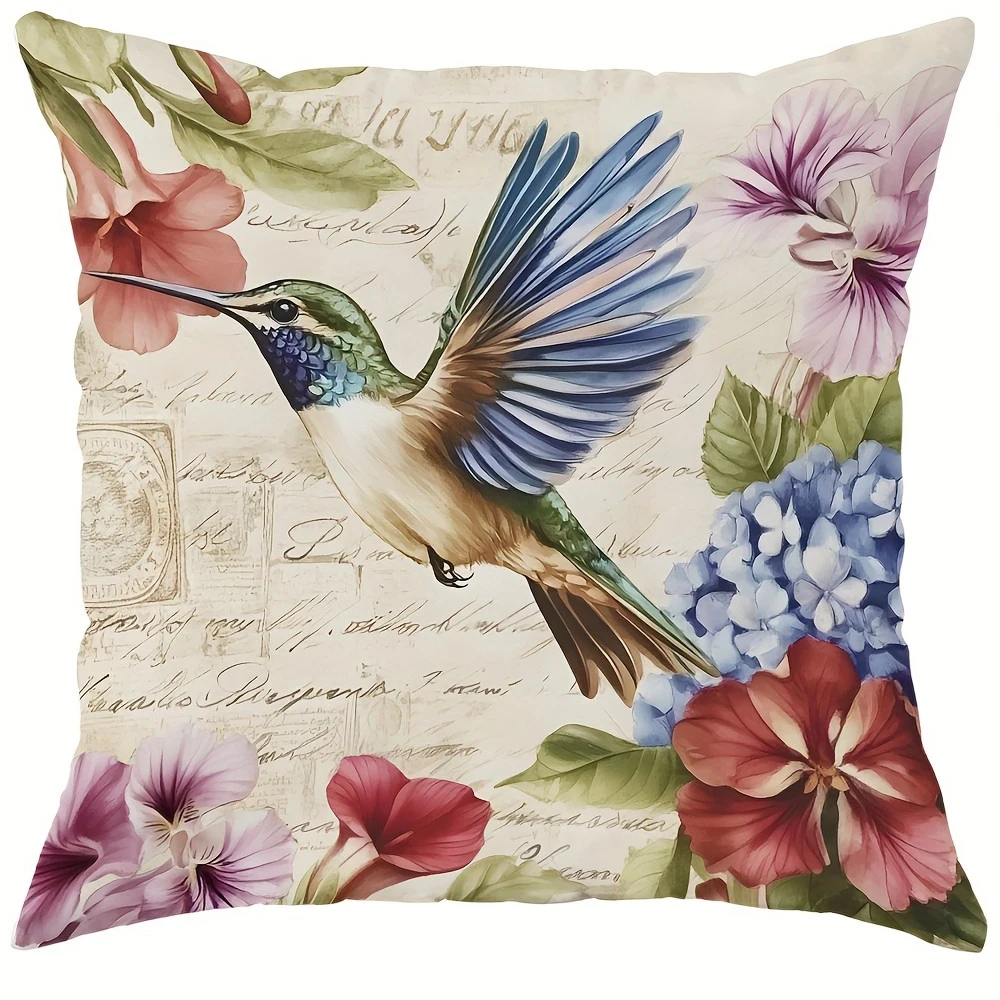 Hummingbirds and Butterflies Dancing Among Flowers, Encounter Retro Natural Charm Pillow Cover，Sofa Cushion Cover,