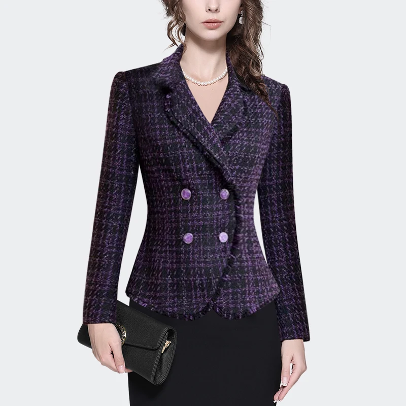 Women\' Long Sleeve Wool-like Knitted Purple Plaid Jacket Elegant Slim Short Fashion Vintage Casual Blazer Short Coat