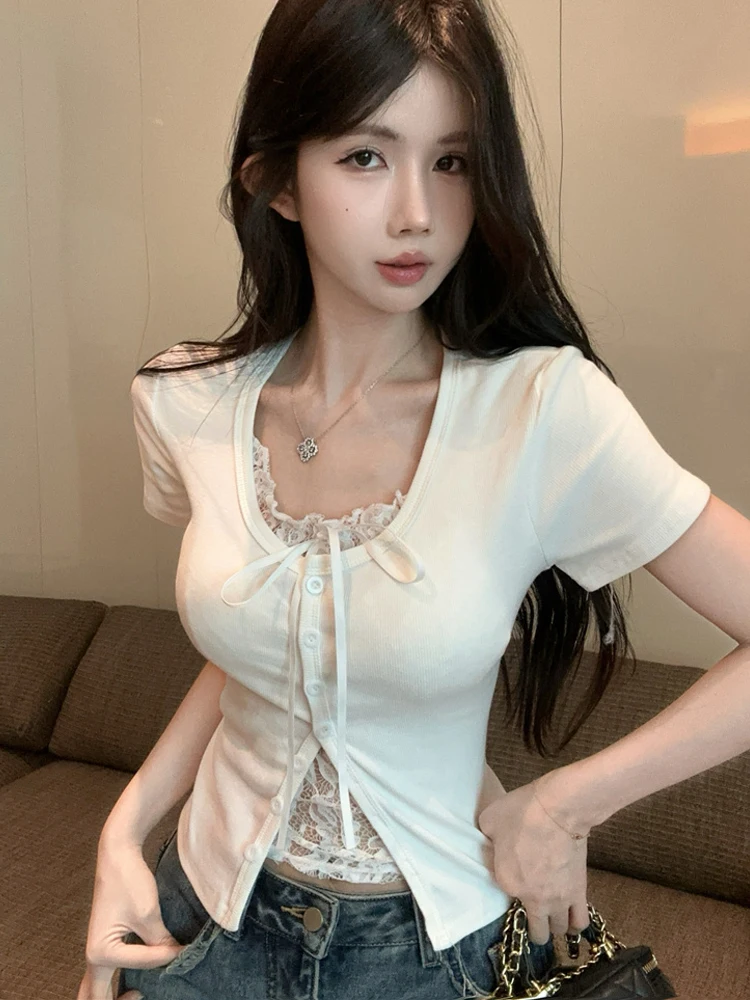 

Корейская женская футболка Pure Desire с кружевом, летняя, уникальная, красивая, с эффектом двухслойности, с коротким рукавом, круглым вырезом, создающая ощущение роскоши