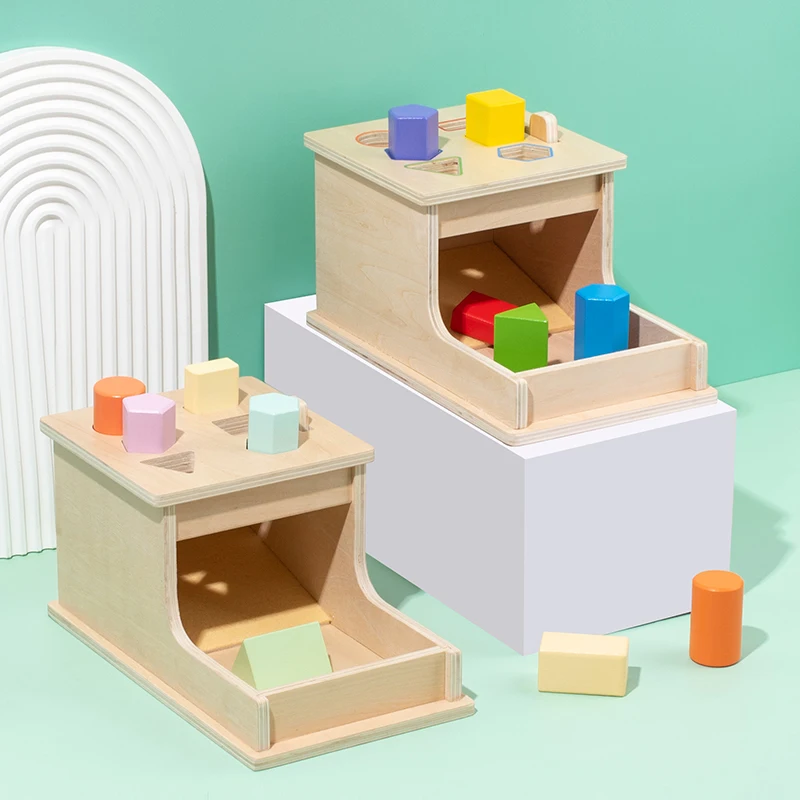 Wooden Shape Matching Toy Box with assorted colorful blocks helps children develop early hand-eye coordination and shape recogni