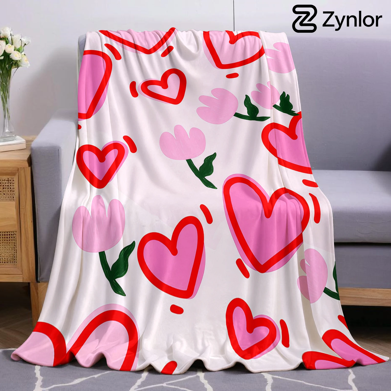 Outline Heart Tulip Doodle Lightweight Microfiber Soft Christmas Fleece Blanket Warm Cozy Throw for Bed Sofa Travel All Season