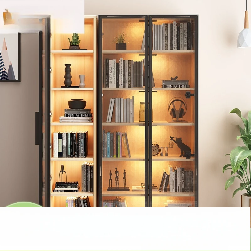 

Modern simple solid wood bookcase, living room, study storage, light luxury, glass door with lamp, dust-proof bookcase, combined