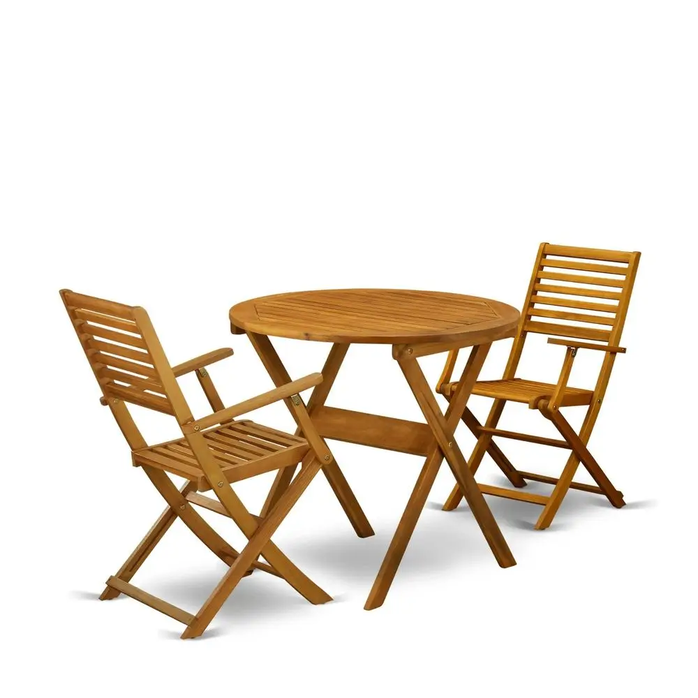 

MNBS3CANA 3 Piece Outdoor Conversation Bistro Set Contains a Round Acacia Wood Coffee Table and 2 Folding Arm Chairs, 30x30 Inc