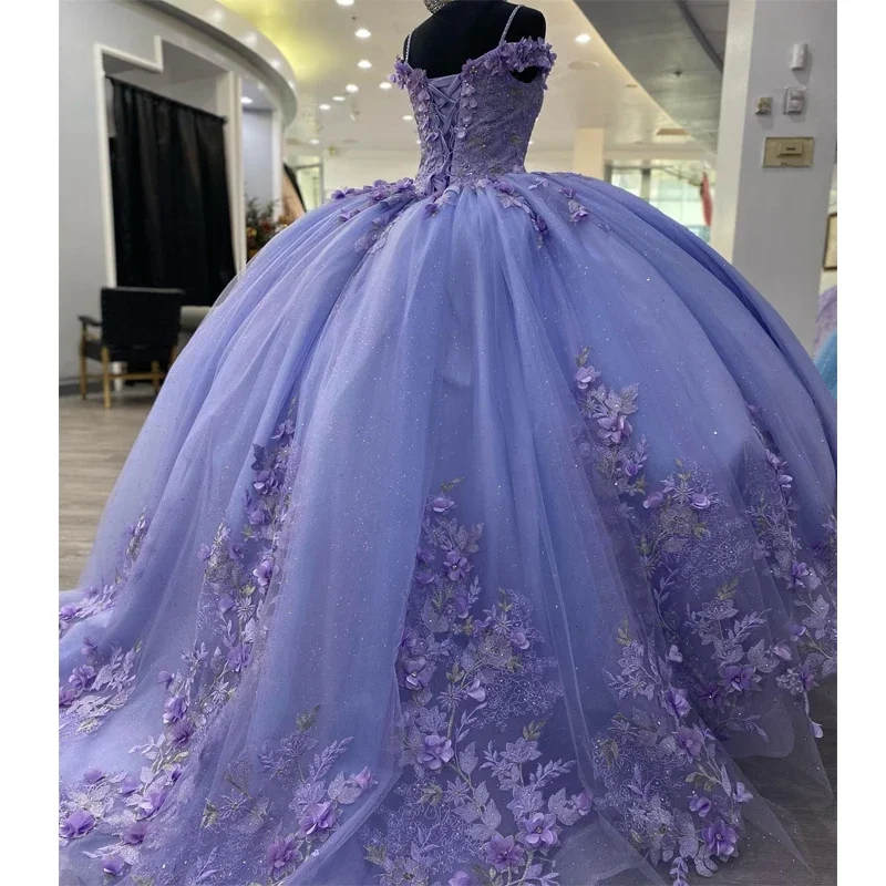 Красивые лавандовые платья Quinceanera с открытыми плечами, 3D цветочные аппликации, сексуальные роскошные платья на тонких бретельках на шнуровке для выпускного вечера по индивидуальному заказу