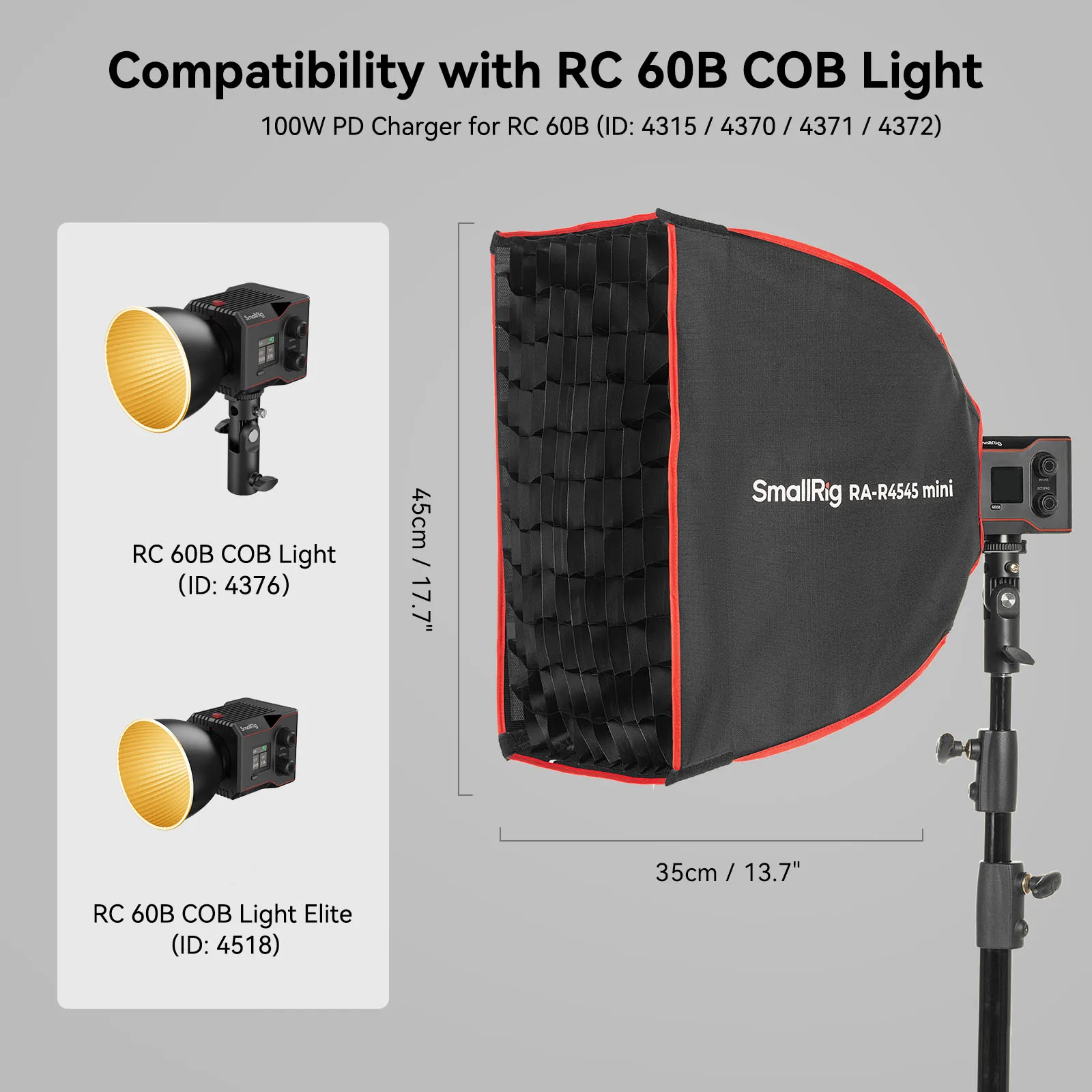 SmallRig 4683 RA-R4545 mini Square Softbox, with Honeycomb Grid Portabe Softbox, for SmallRig RC 60 / 100 COB Video Light