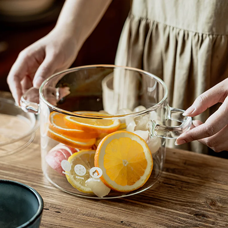 

High Temperature Resistant Glass Pot with Lid Retro Style Double Handle Transparent Cookware for Home Kitchen Soup Stew