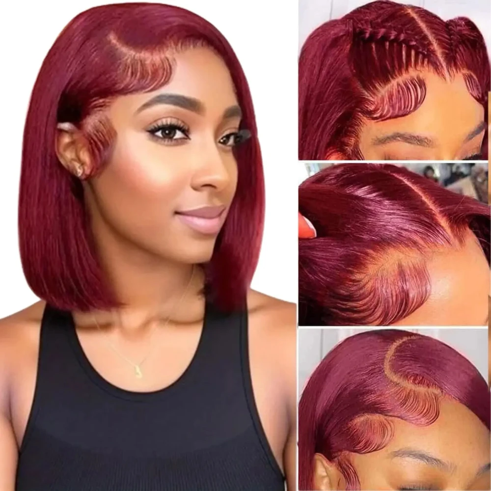 99J Bob 220% Density Burgundy Straight Wig Human Hair Lace Front Wigs 13X4 HD Transparent Lace Frontal Wigs Bob Brazilian Remy Hair For Women