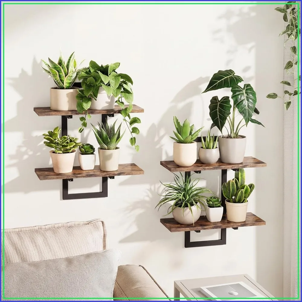 

Floating Shelves for Wall Planters, Indoor Plant Holder Wall Decor, 2-Pack Brown, Space-Saving for Living Room Bedroom Bathroom
