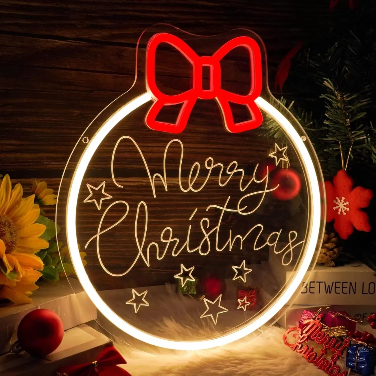 Round Merry Christmas Neon Sign Red Bow Star Pattern LED Wall Hanging Lamp Winter Holiday Indoor Wall Art Decor