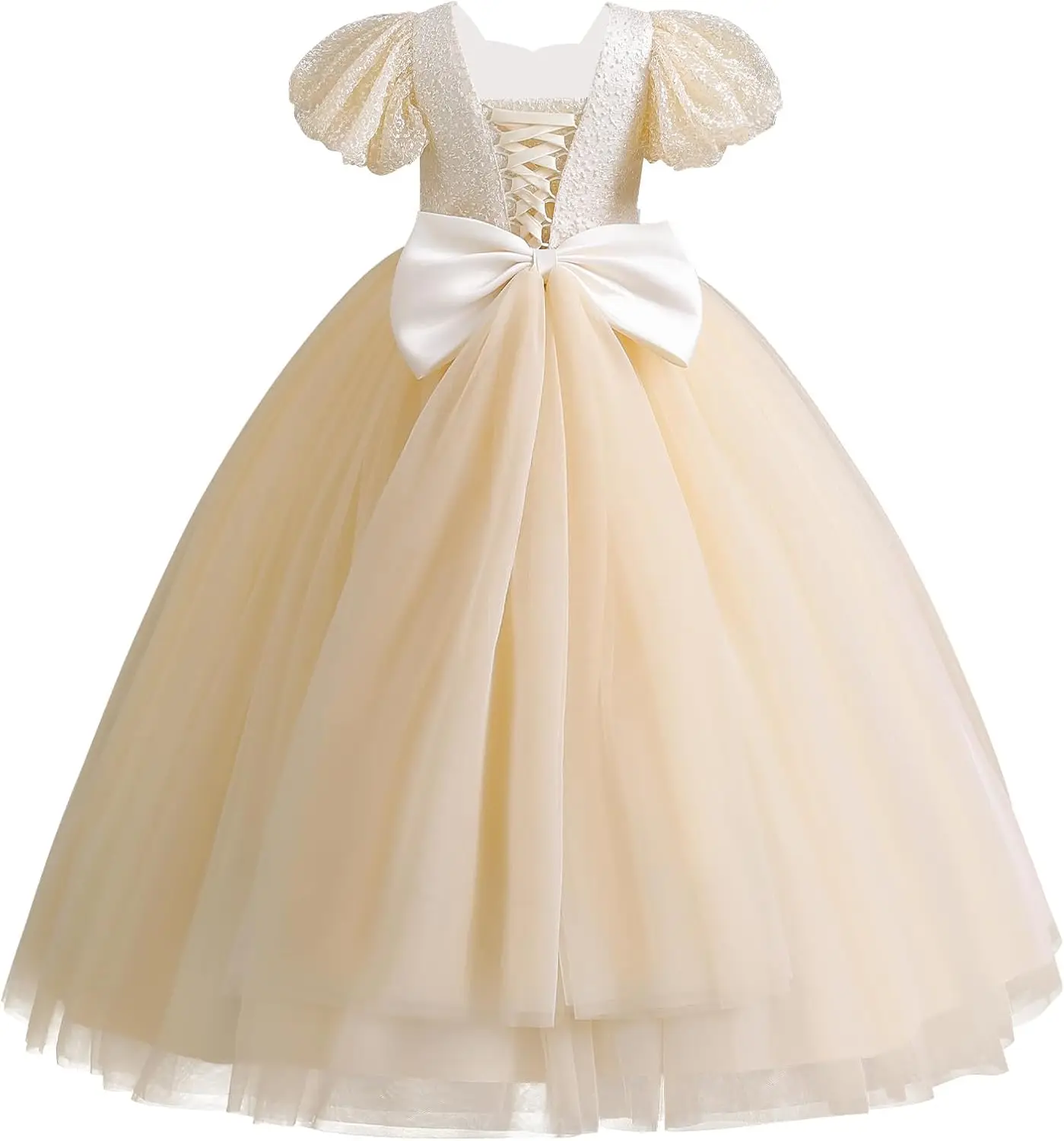 

Princess Dress Flower Girl Sequin Lace-up Bow Dress Wedding Bridesmaid Pageant Party Formal Long Gown Communion Tulle Dresses