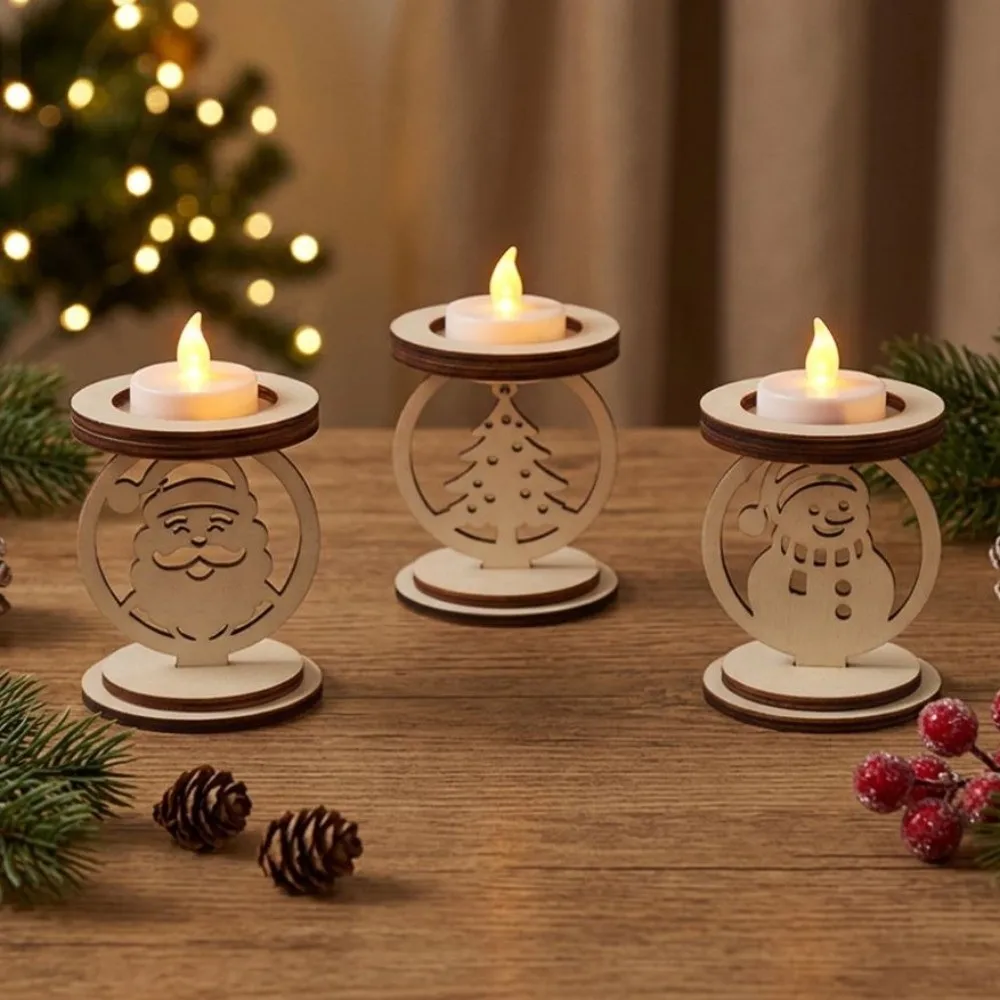 3Pcs Hollowed Out Wooden Christmas Candle Holder Tree Snowman Snowflake Bell Pattern Christmas Tea Light Holder Stable Base