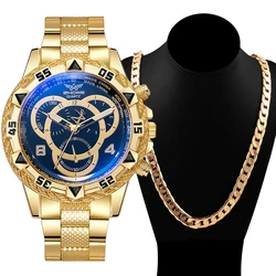 2Pcs/set Men's Watch Fashion Big Dial Male Business Dress Quartz Wrist Watch with Necklace