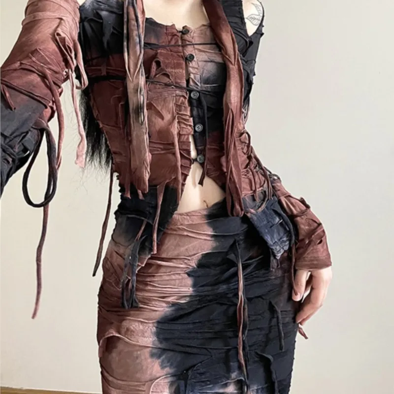 Hong Style Drag Sister Gradient Tie-Dye Lace-up Cutout Long-Sleeve T-shirt Top Women's All-Match