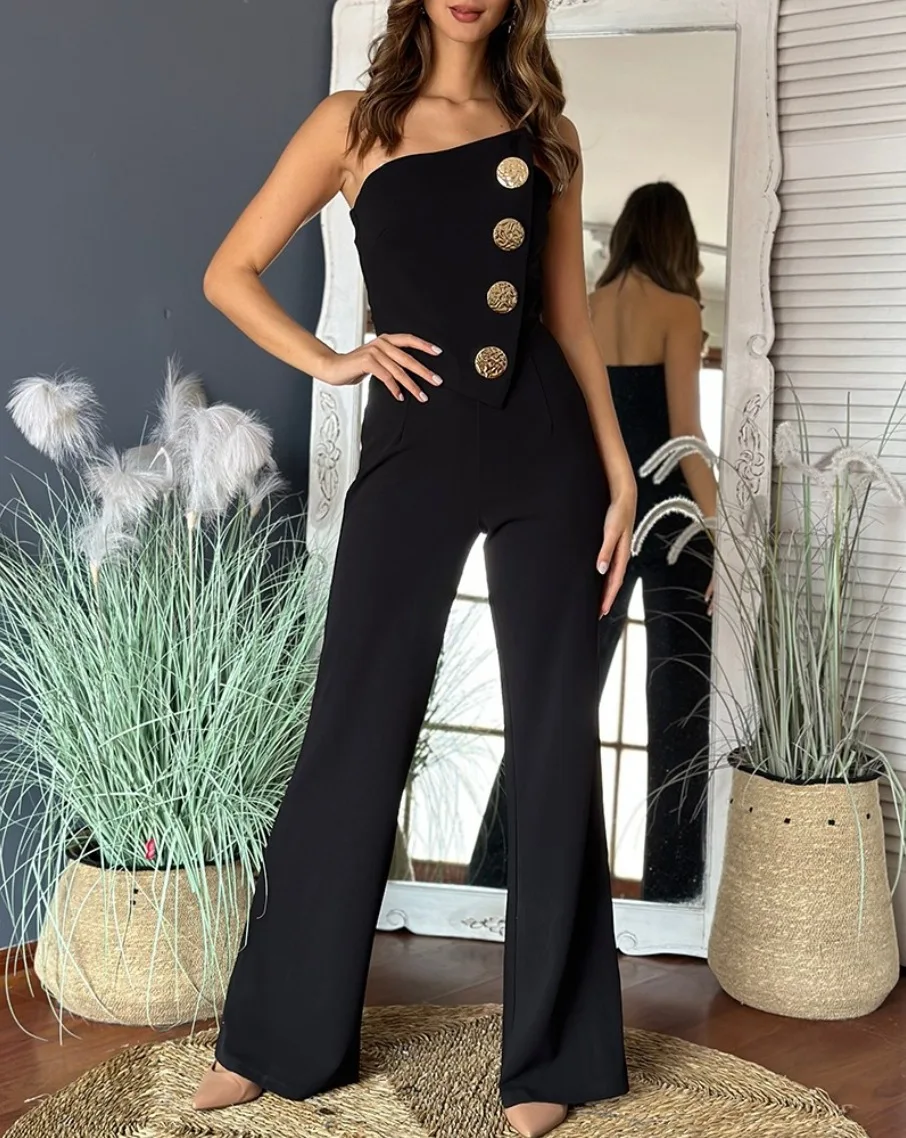 

Women's Strapless Asymmetrical Jumpsuit With Button Detail Wide Leg Pants Elegant One Piece Outfit For Party Evening Wear