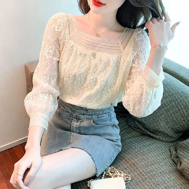 Women Stylish Lace Patchwork Sweet Blouses Square Collar Elegant Chic Shirts Casual Solid Loose Long Sleeve Tops Blusas De Mujer