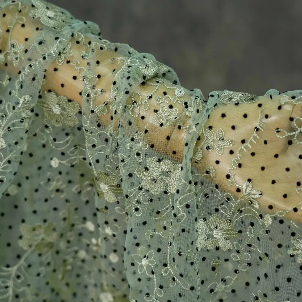 

Sweet plush polka dot lace embroidered floral mesh fabric for dresses, gowns, fashion designer fabric sold by the meter
