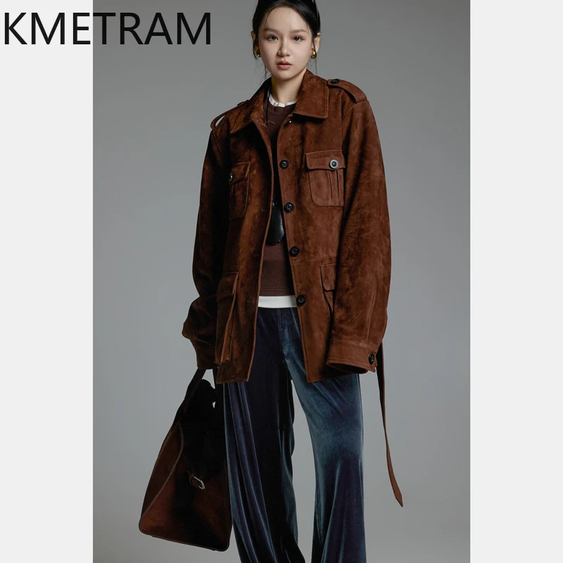 KMETRAM Giacca in pelle da donna in pelle di pecora naturale al 100% con cintura Retro Marrone Genuino abbigliamento femminile Autunno 2025 di media lunghezza пikusьто