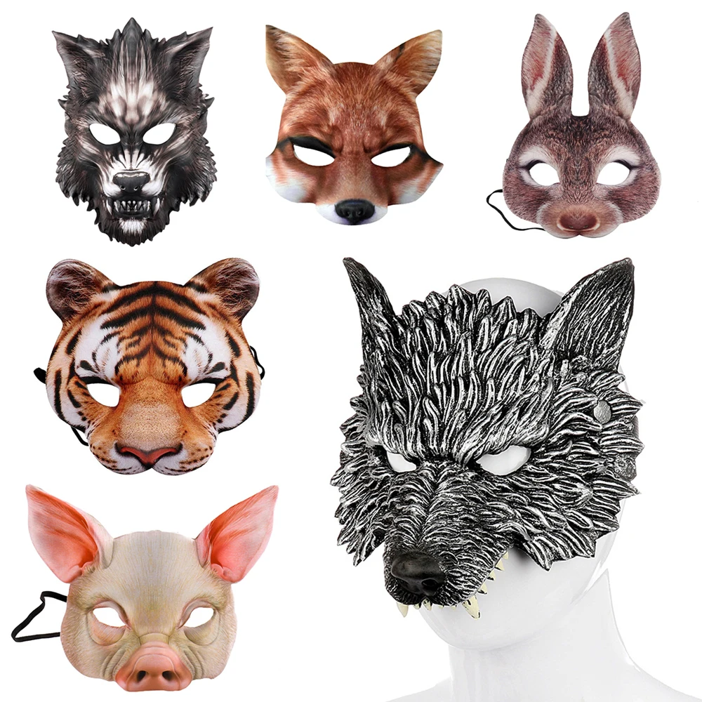 Animal Mask 3D Realistic Half Face Mask Halloween Carnival Masquerade Birthday Party Game Cosplay Costume Accessories Props