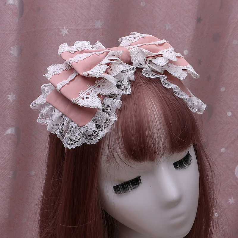 Accesorios de lazo de tres capas para niñas, diadema clásica con lazo de encaje, Aro para el pelo Kawaii, tocado de Cosplay de cómic Con con volantes