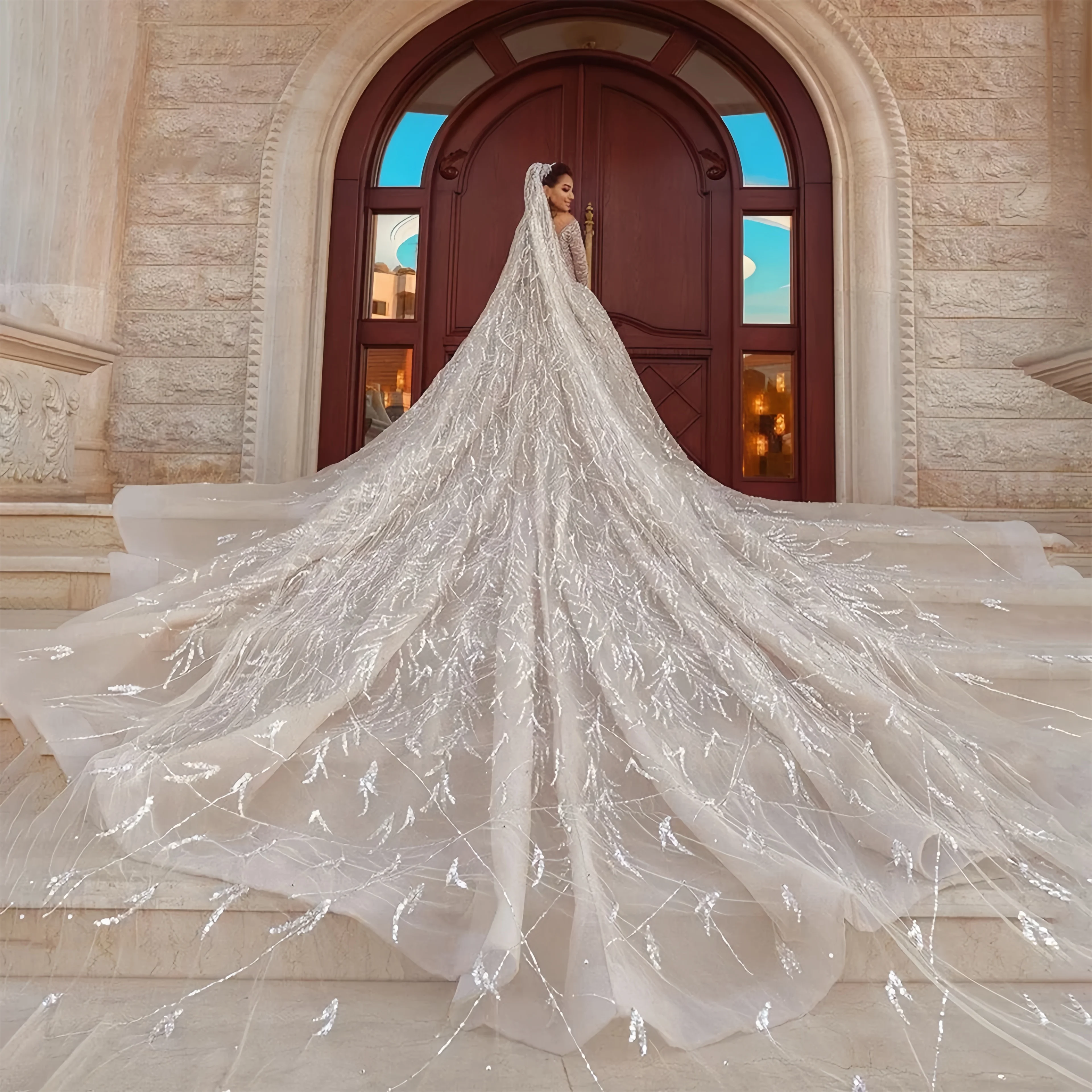 Customized vestidLuxury V-Neck Sparkly Sequined Ball Gown Wedding Dresses PrincessLong Sleeves Bridal Gownsos de novia amanda