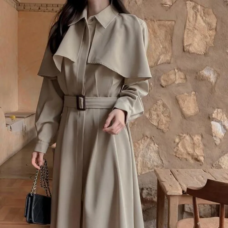 Gabardina negra, vestido coreano Chic para mujer, Otoño Invierno, combina con todo, Vestidos informales para mujer, bata de cintura delgada con solapa Retro