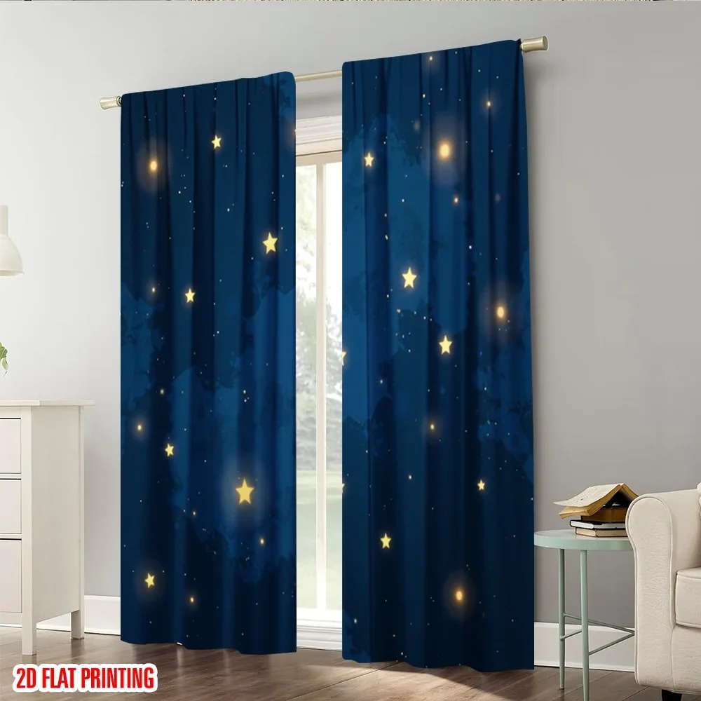2 قطعة ستائر مطبوعة مسطحة ثنائية الأبعاد شاشة مسطحة نمط السماء المرصعة بالنجوم بوليستر بدون كهرباء حفلة عيد ميلاد للغرفة الجمالية