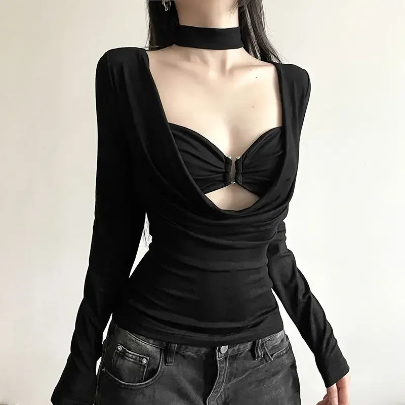 Black T-shirts Women Low Cut Trendy Sexy Design Unique Long Sleeve Tops 2025 Spring Slim Fit All Match Fashion Tees Hot