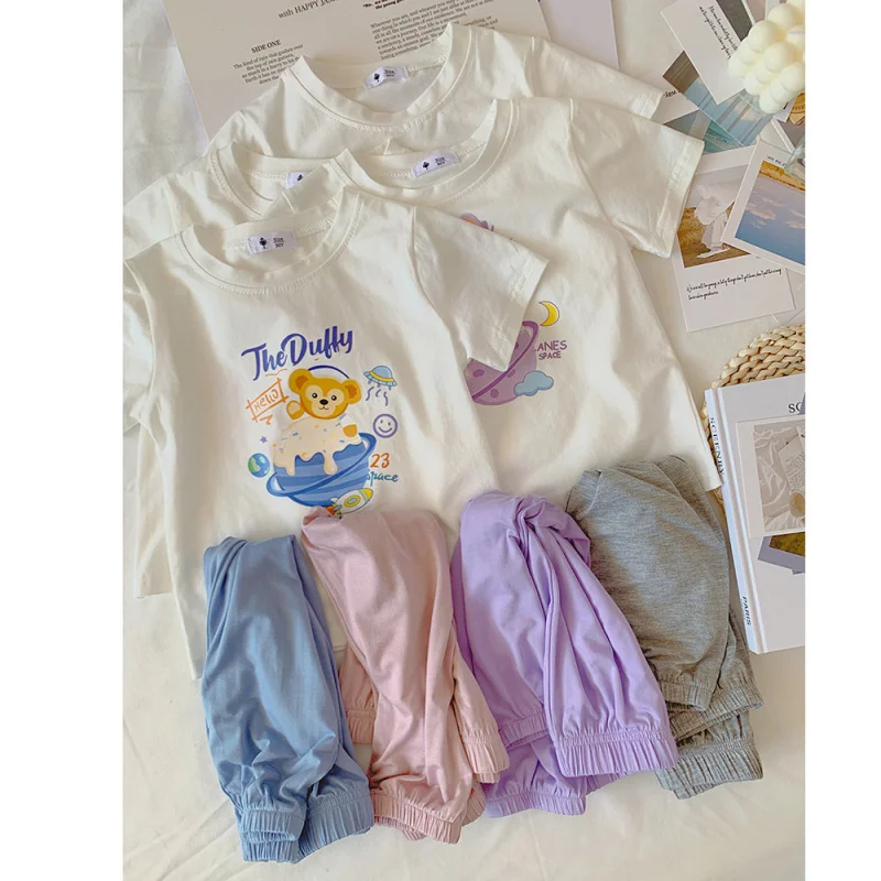 

XTY-Children's Pajamas2024Girls Summer Short Sleeve Trousers Thin Modal Cartoon Summer Baby Homewear Suit