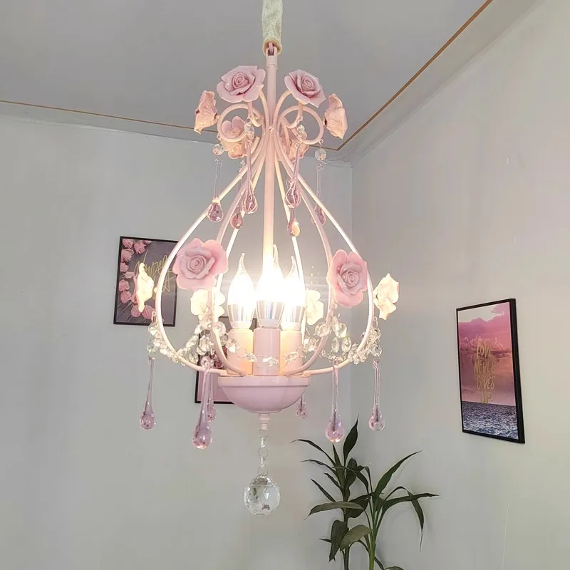 Pink Rose Bouquet Crystal Chandeliers Princess Room Girl Bedroom Decor Lamps Romantic Warm Children's Room Flowers Chandeliers