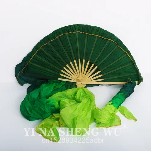 Imagen 2 del producto 100% abanicos de danza del vientre de seda auténtica para niños y mujeres, fiesta, puesta en escena, velo de abanico largo verde plegable, luz fluida (1,2 m 1,5 m 1,8 m)