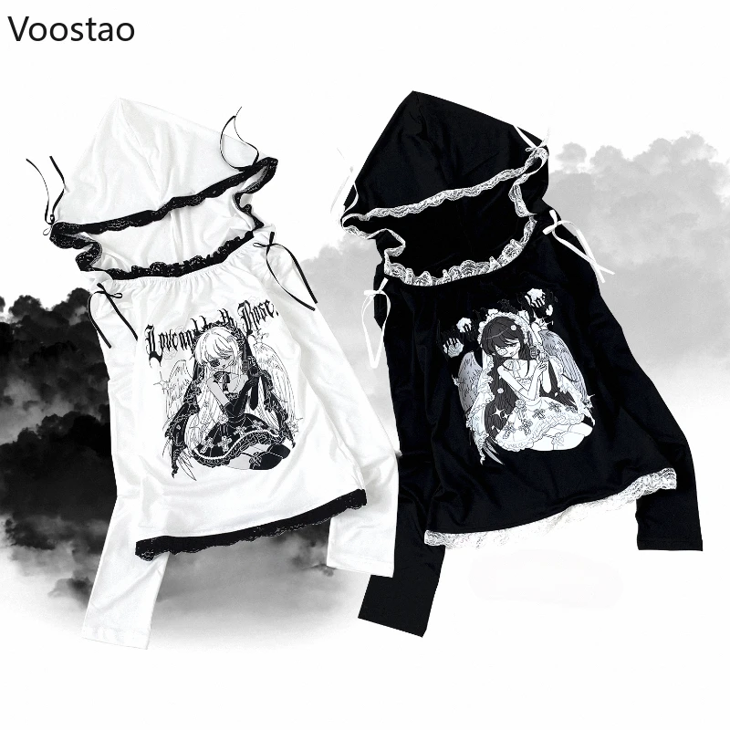

Y2k Aesthetic Anime Print Women T-shirt 2025 Ropa Mujer Lace Ruffles Hooded Long Sleeve Tees Tops Japan Harajuku Gothic Tshirts