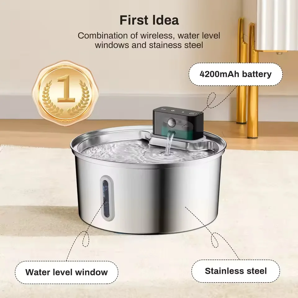 3.2L Stainless Steel Wireless Cat Fountain With 4000mAH Battery Automatic Induction Circulation Filter Silent Pet Drinking Bowl
