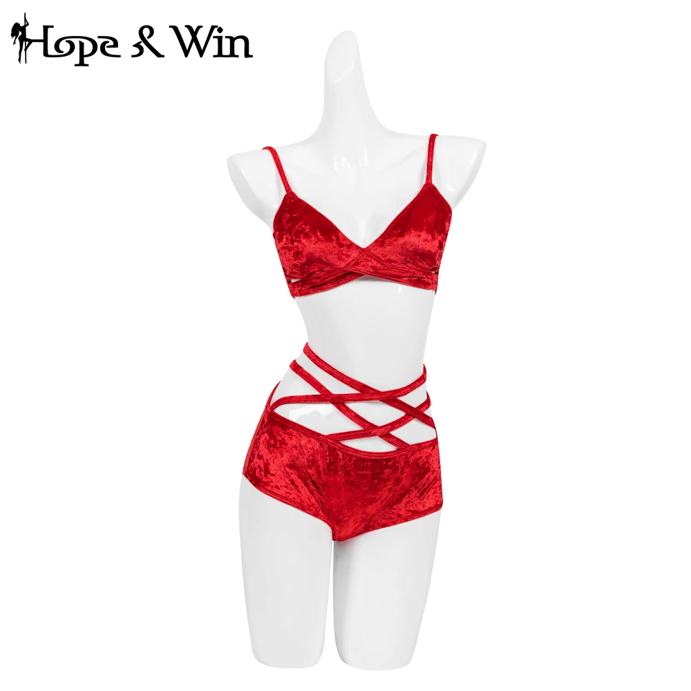 Hope&Win Hot Sales Women\'s Red Velvet Materials High-Waist Pants Set Pole Dance Wear Ladies Night Clubwear Sexy Erotic Wear