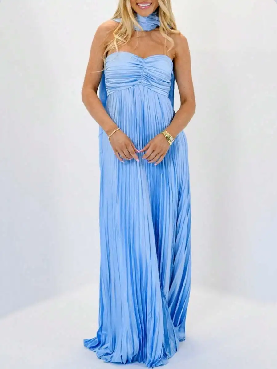 Women Strapless Pleated Maxi Dress With Scarf Formal Cocktail Flowy Satin Gown