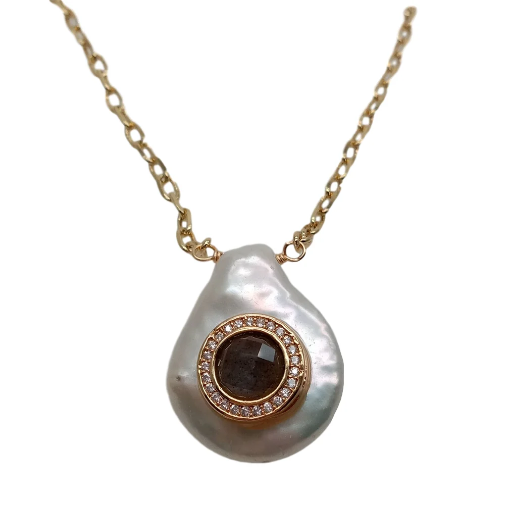 Y·YING natural Cultured White Coin freshwater Pearl Cz Pave Labradorite Charm Chain Necklace 18