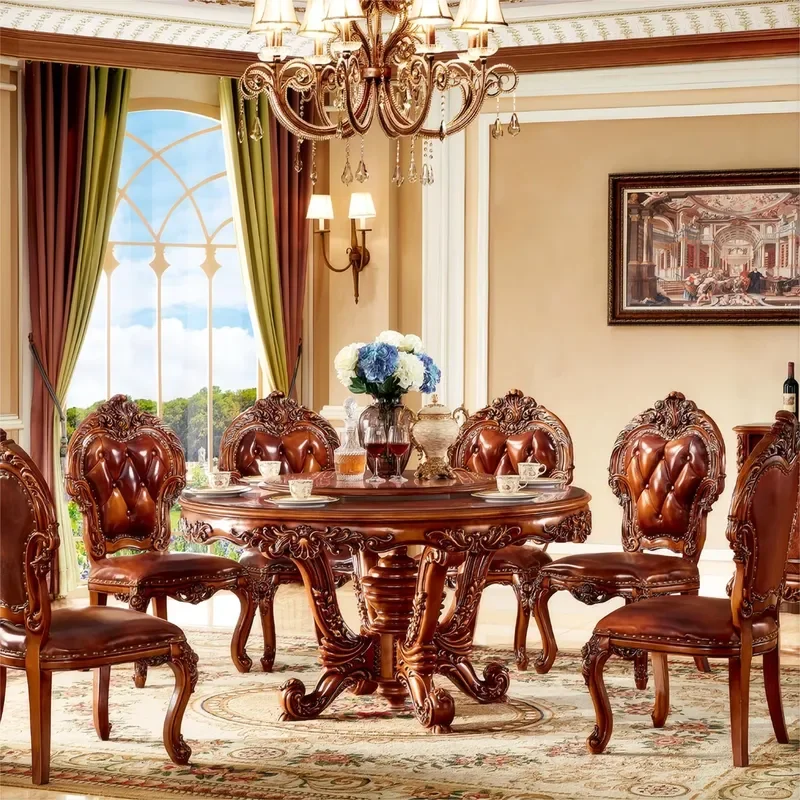 Custom Round Dining Table European Antique Design Home Furniture Solid Wood Round Dinning Chairs and Tables