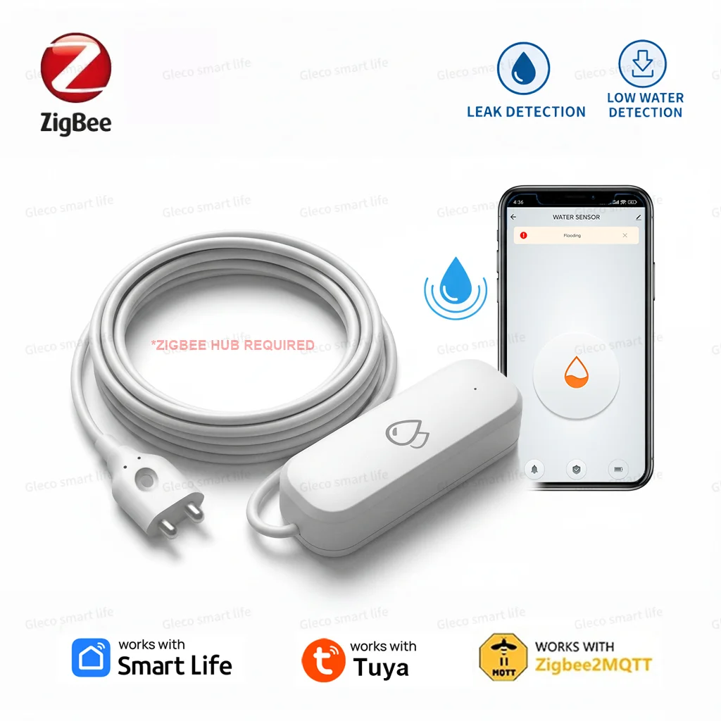 ZigBee-Sensor de agua, alarma de fuga, Detector de fugas de inundación, automatización del hogar inteligente, Monitor de protección de seguridad para Tuya Smart Life Z2M