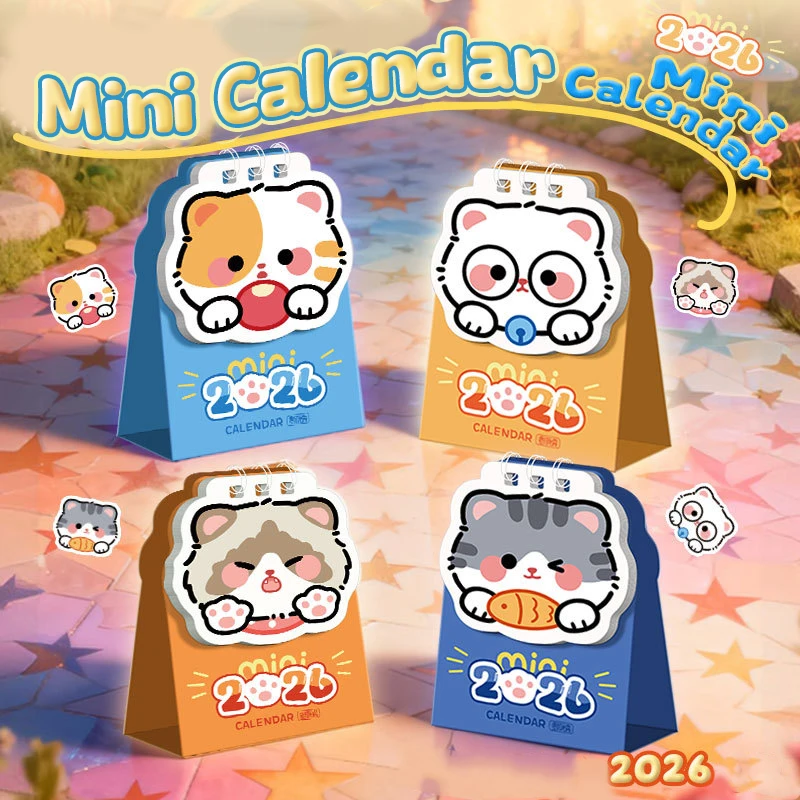 

4PCS Mini 2026 Calendar Portable Cute Cat Office School Supplies Calendar Desk Calendar Monthly Planner Desk Decor Record Gifts