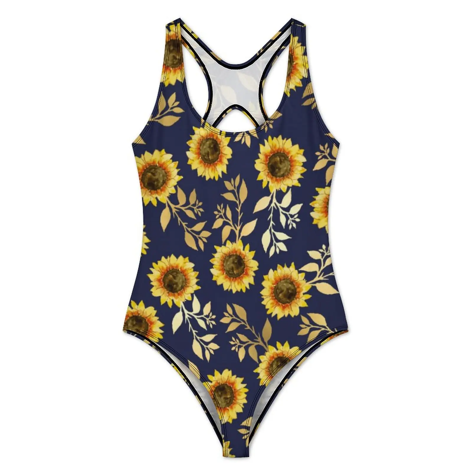 Gold Navy Sunflower Swimsuit Sexy Leaves Print One-Piece Swimwear Push Up Swimsuits Elegant Holiday Rave Beach Wear