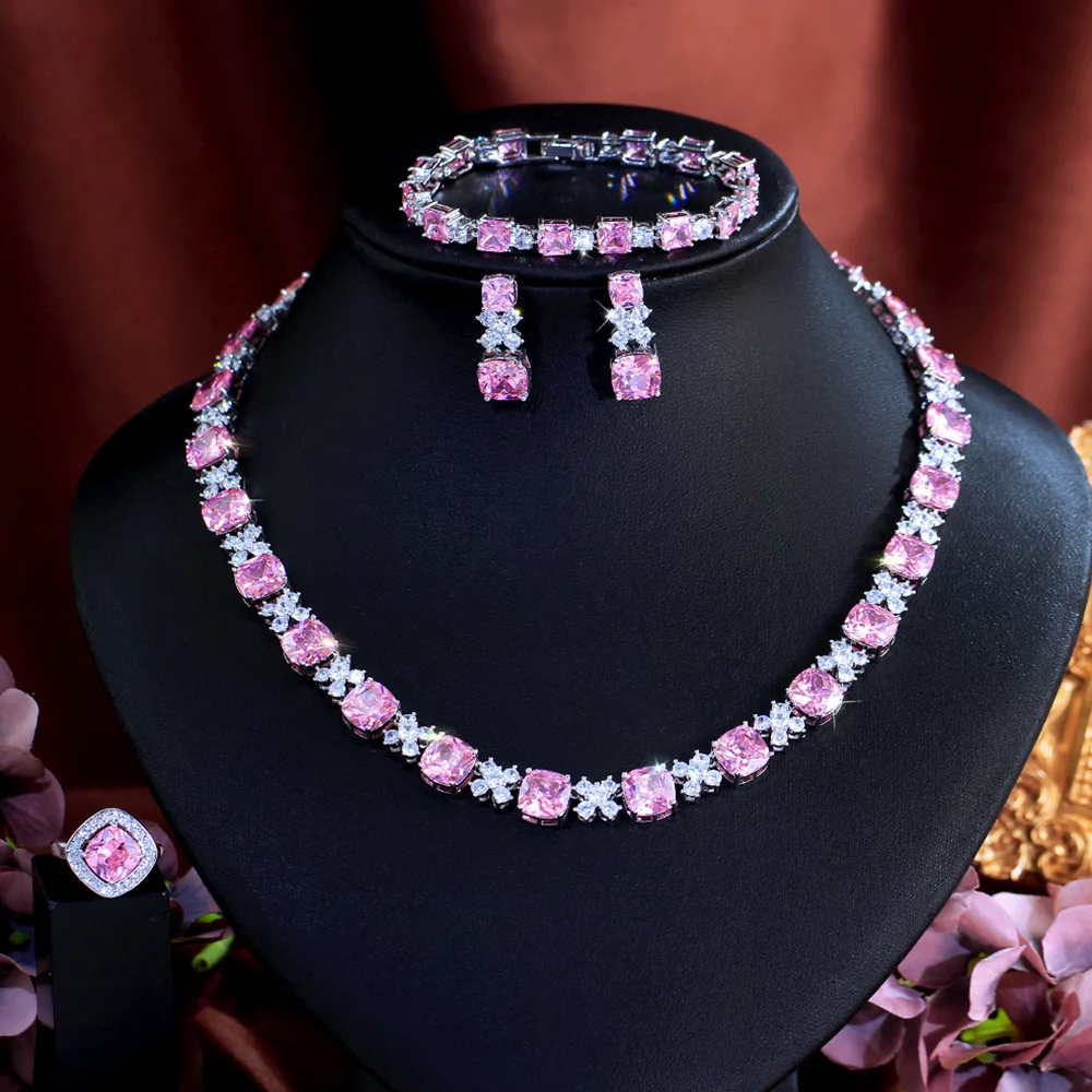 

CWWZircons Luxury Romantic Pink Cubic Zirconia Square Necklace 4pcs Sets for Women Bridal Wedding Engagement Dress Jewelry T0861