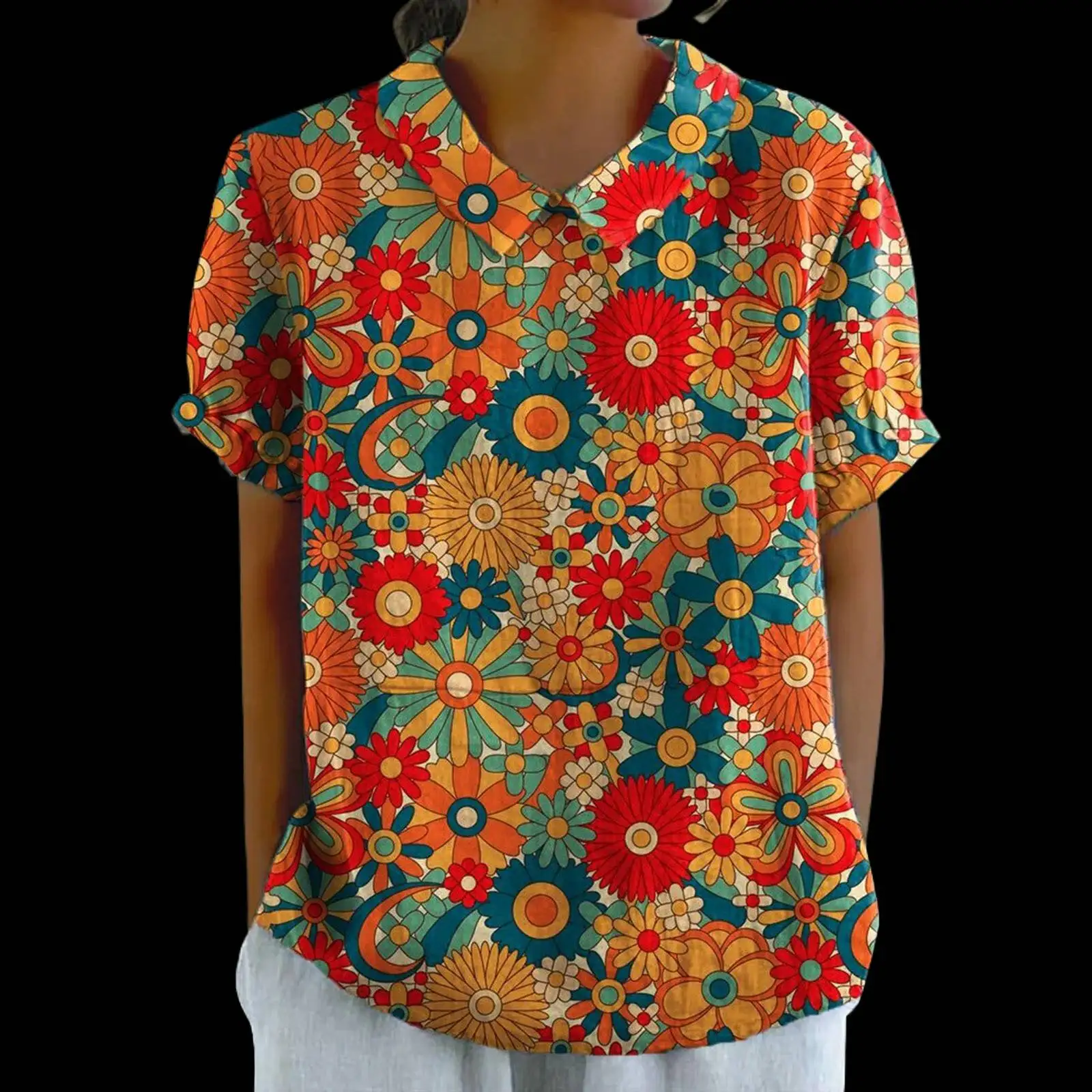 

Women's Summer Doll Neck Flower Print Short Sleeve Loose Casual Top Layering Shirts for Women Elephant Shirt Women V Neck Tops