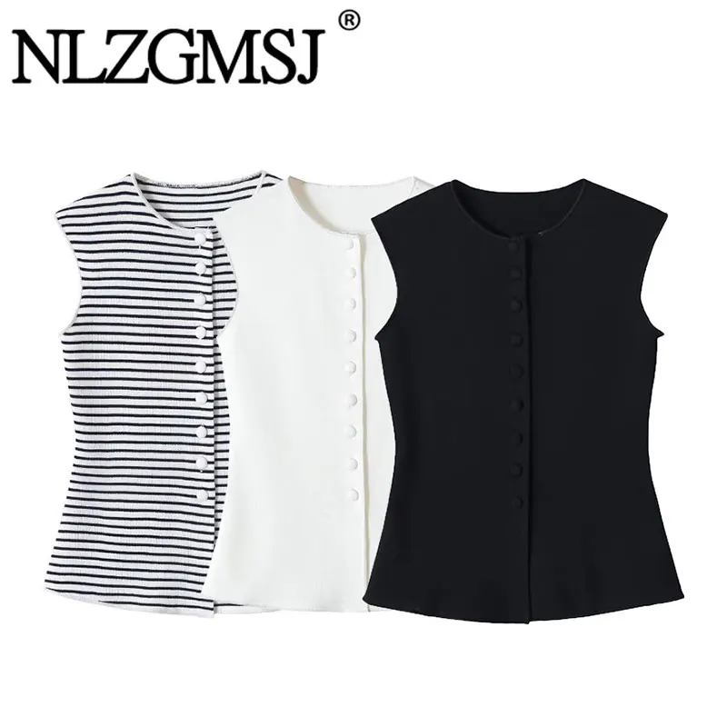 Nlzgmsj 2026 Elegant  Women Ribbed Knit Tank Top Sleeveless Round Neck Single Breasted Slim Casual Streetwear Tops
