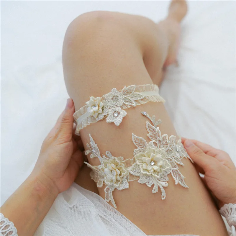 Lace Garter Belt Fashion Women Bride Sexy Lace Flower Rhinestones Wedding Thigh Leg Garter Ring For Wedding Accessories