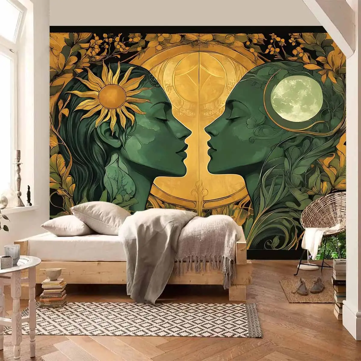 Psychedelic Hippie Sun and Moon Tapestry for Bedroom Aesthetic,Fantasy Trippy Mystic Floral Lovers Face Vintage Decor Tapestries