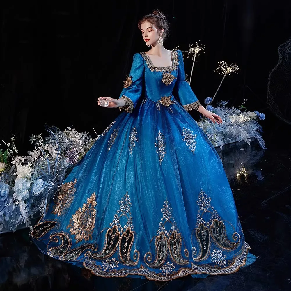 

European Court Costume Lake Blue Retro French Medieval Photo Drama Performance British Princess Dress Russian Style Partykleider