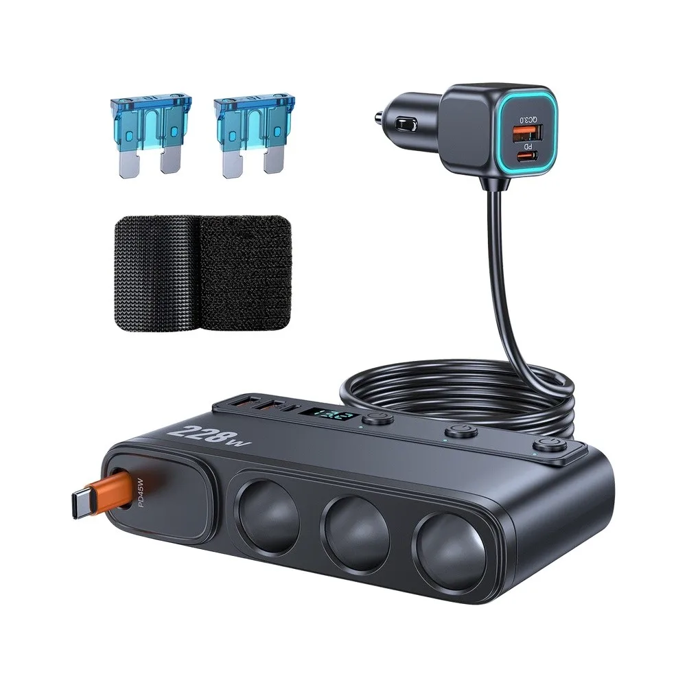 228W Car Charger Splitter With 65cm Retractable Cable For 12V-24V Vehicles PD45W Fast Charging Separate Socket Design