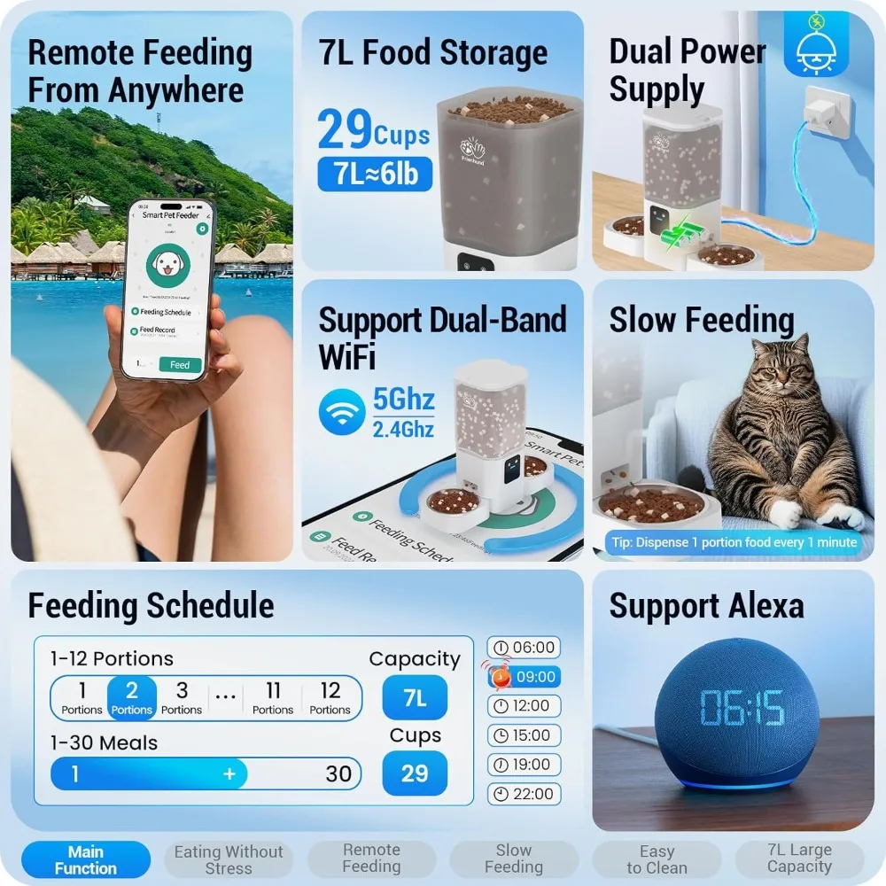 Mangiatoia automatica per gatti con alimentazione lenta per 2 gatti: mangiatoia automatica per cani WiFi 5G con ampio contenitore per alimenti da 7 litri