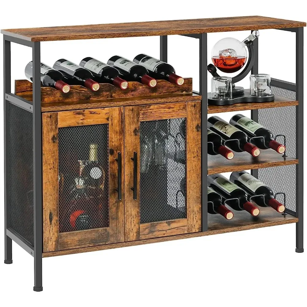 

Coffee Bar Cabinet With Glass Holder Small Sideboard and Buffet Cabinet With Mesh Door Bottle Rack Rustic Brown Wine Showcase